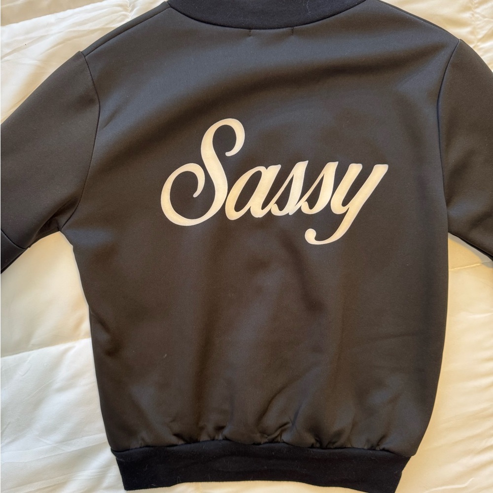 Black scuba slogan “Sassy” jacket